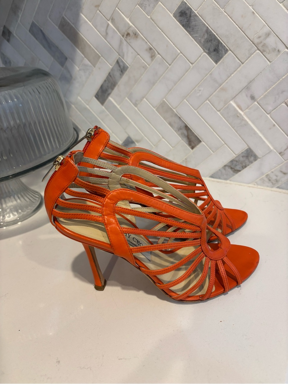 Jimmy Choo Orange Strappy Cage High Heel Sandals